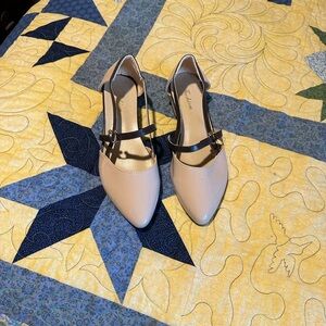 Cream and Black Heels with Geometric Straps